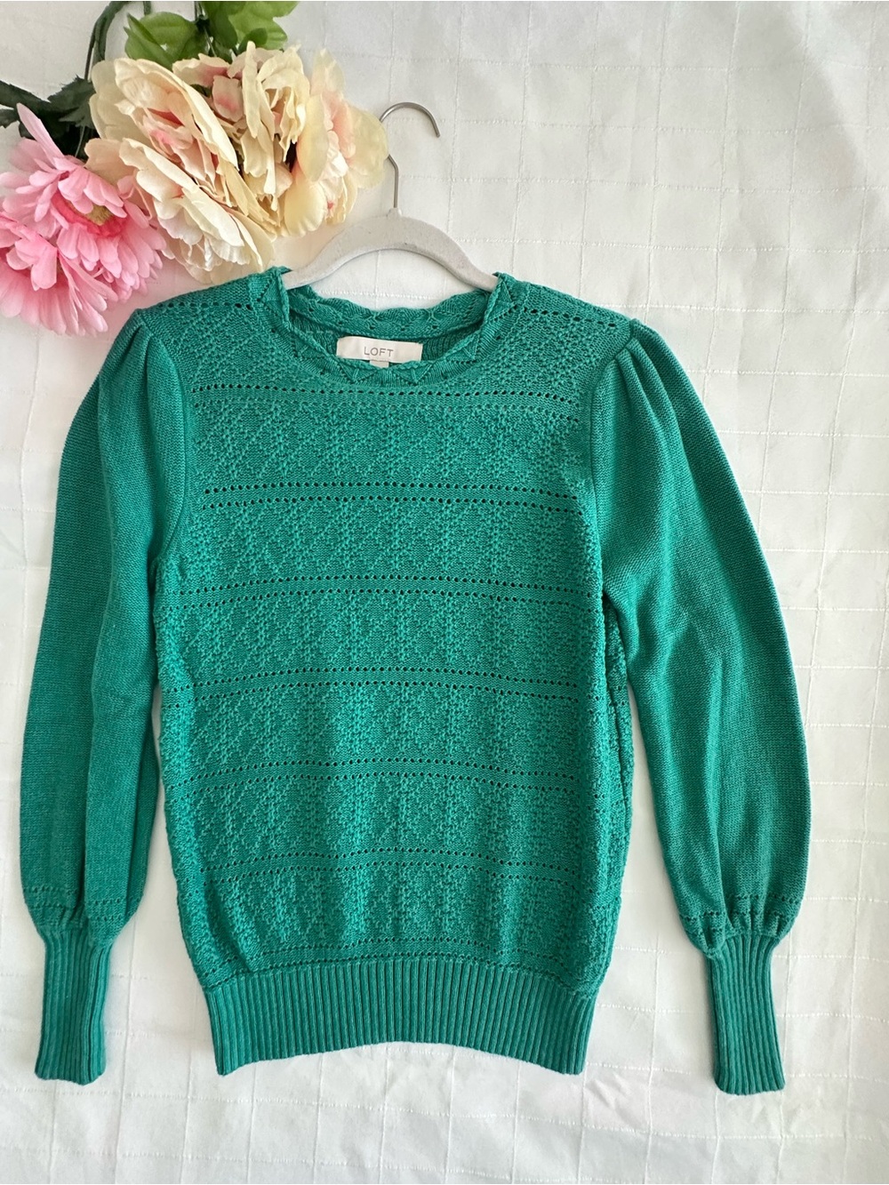 LOFT NWOT Green Lace-Panel Crewneck Sweater